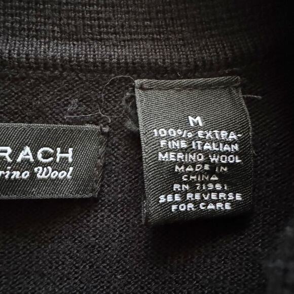 Bachrach 100% Merino Wool Mens Sweater Sz M Med Black 1/4 button Thin Preppy - Picture 3 of 10